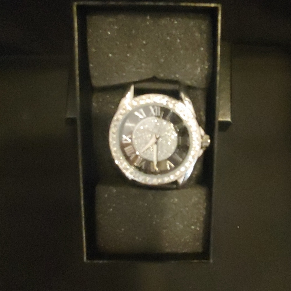 Brand New Black Leather Band w/Silver&Crystal Face
